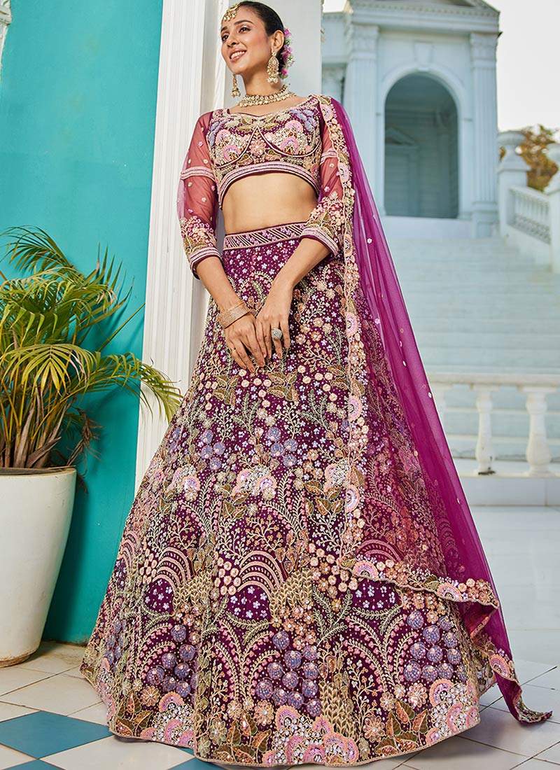Timeless Burgundy Net Lehenga With Zarkan Embroidery Sequins And Stone Work