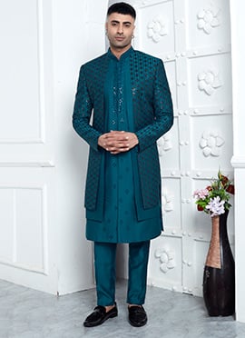 Timeless Charm Teal Silk Indowestern Sherwani With Embroidery Sequins