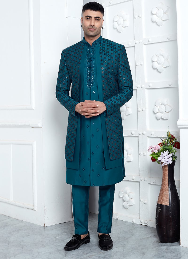 Timeless Charm Teal Silk Indowestern Sherwani With Embroidery Sequins Wedding Wear