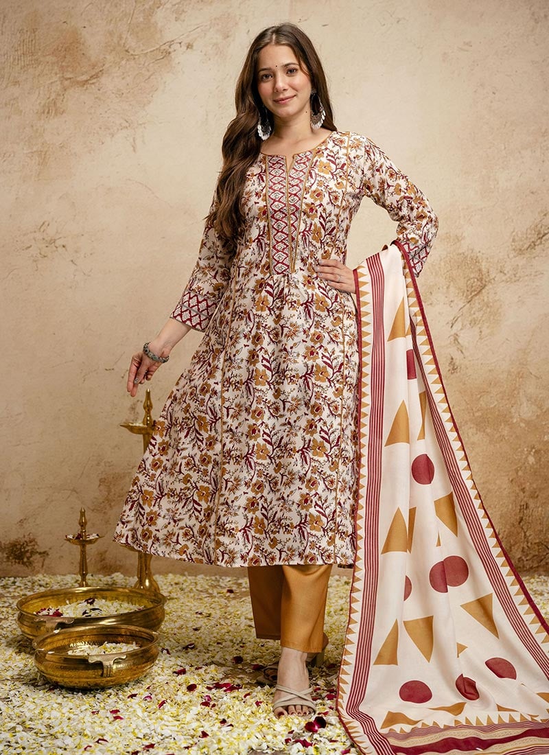 Timeless Cream Cotton Printed Straight Pant Suit After Six Wear