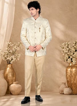 Timeless Cream Rayon Embroidered Bandhgala Suit