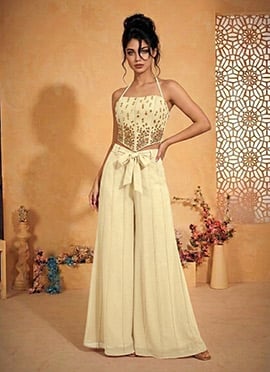 Timeless Cream Silk Beads Mirror Work Indowestern Set And Suit