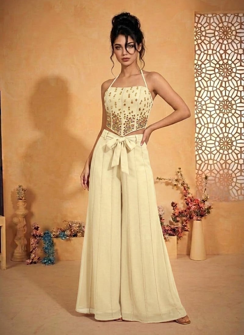 Timeless Cream Silk Beads Mirror Work Indowestern Set And Suit Wedding Wear
