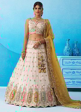 Timeless Cream Tissue Embroidered Sequins Beads Work Lehenga