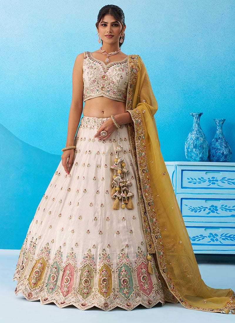 Timeless Cream Tissue Embroidered Sequins Beads Work Lehenga Wedding Wear