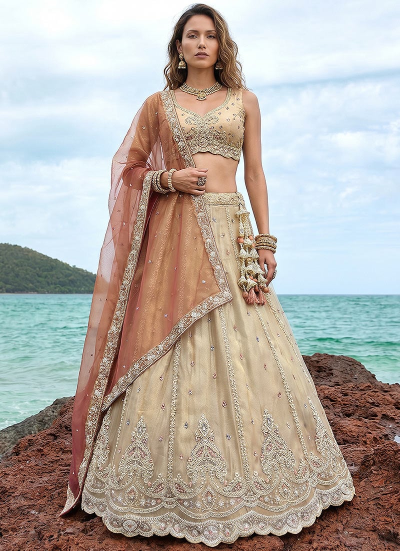 Timeless Cream Tissue Embroidered Umbrella Lehenga Wedding Wear