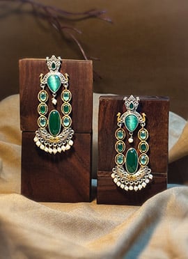 Timeless Dark Green Kundan Beads Oxidised Chandeliers