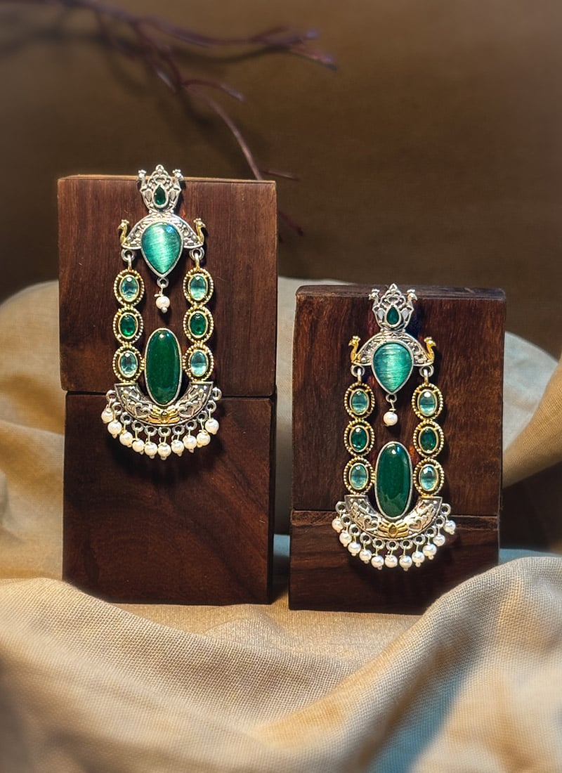 Timeless Dark Green Kundan Beads Oxidised Chandeliers Festive Wear
