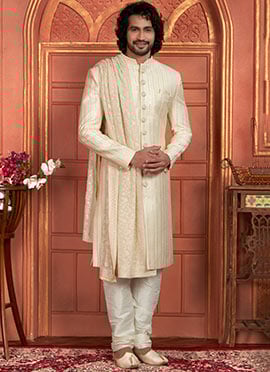 Timeless Elegance Cream Silk Embroidered Sequins Classic Sherwani