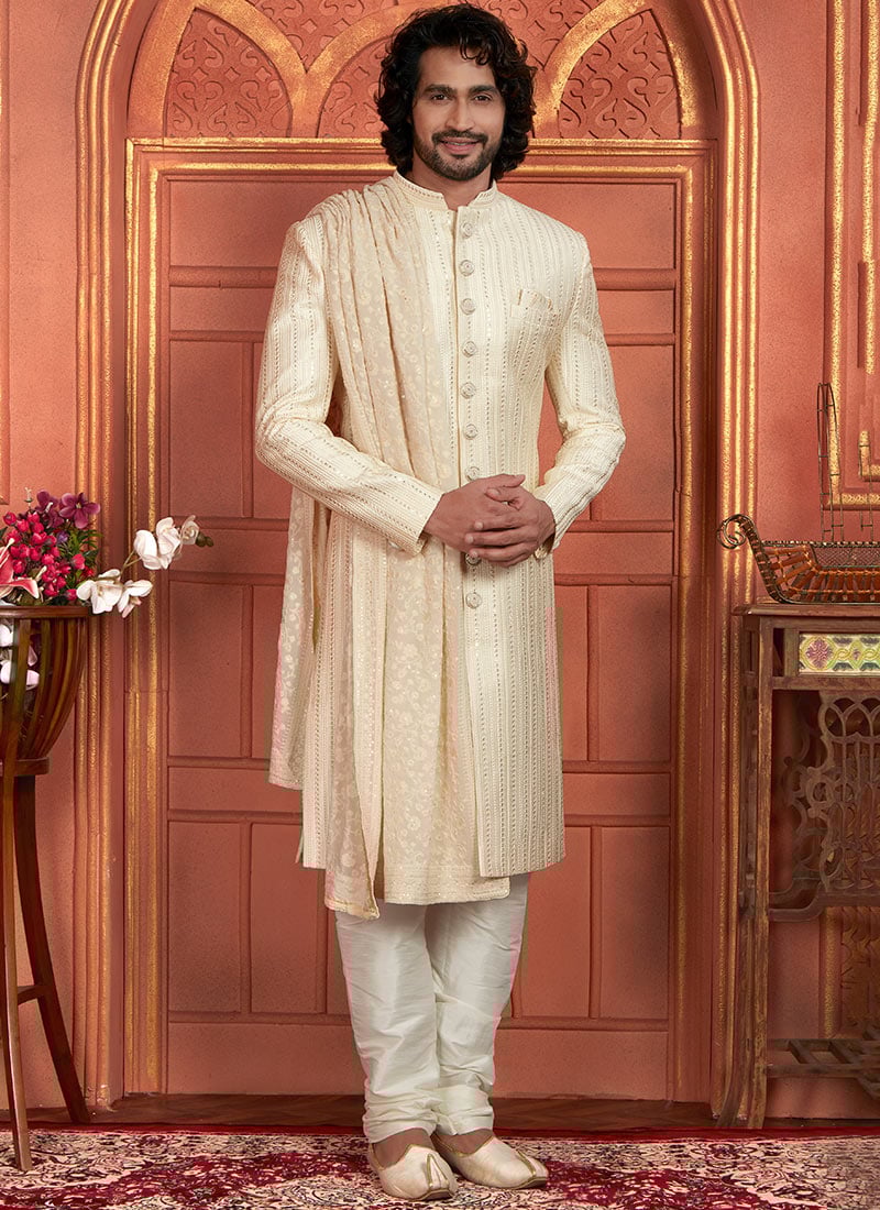Timeless Elegance Cream Silk Embroidered Sequins Classic Sherwani Wedding Wear