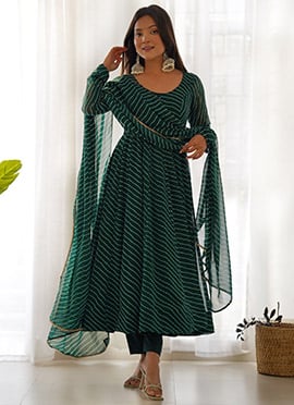 Timeless Elegance In Green Faux Georgette Leheriya Printed Anarkali Suit