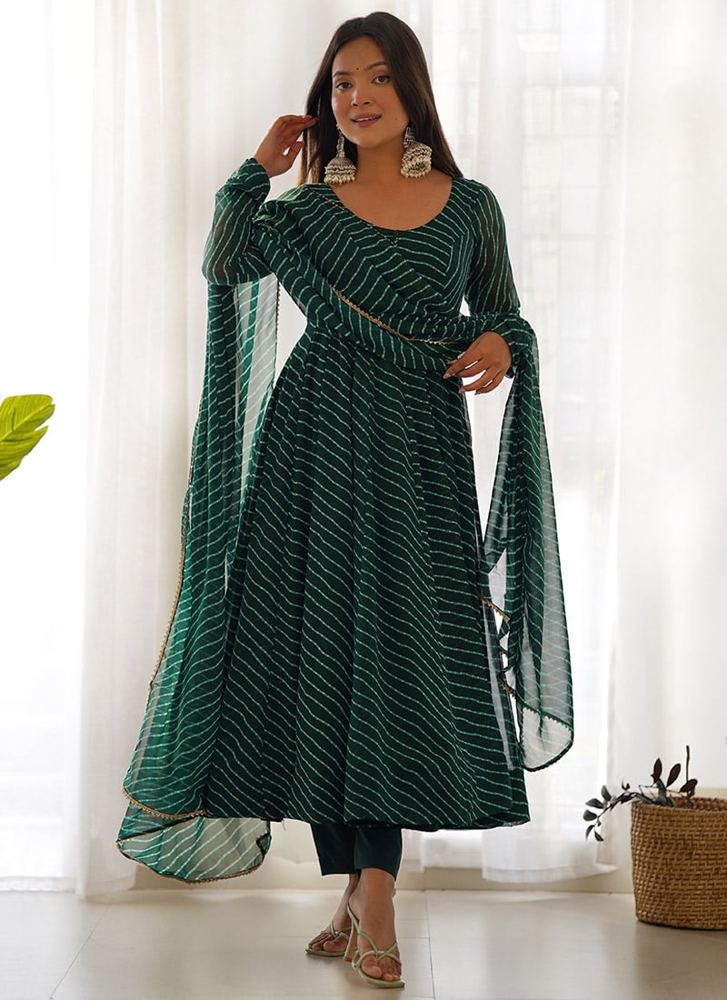 Timeless Elegance In Green Faux Georgette Leheriya Printed Anarkali Suit After Six Wear