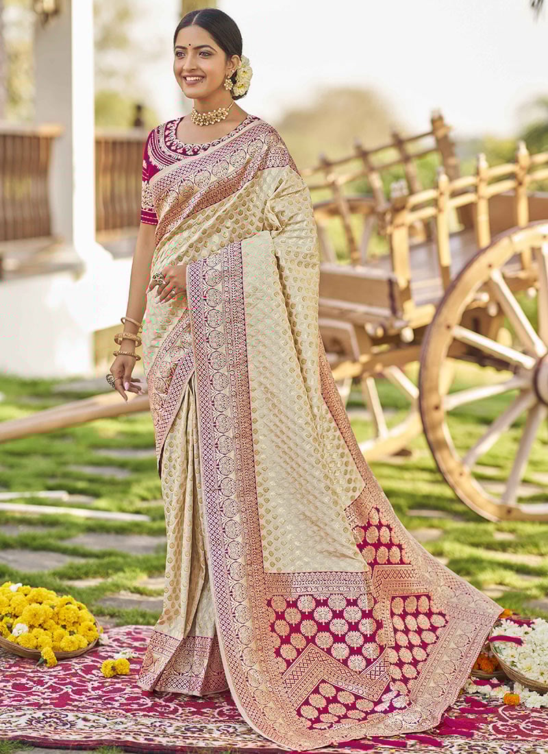 Timeless Elegance Off White Benarasi Silk Jacquard Zari Saree  Festive Wear