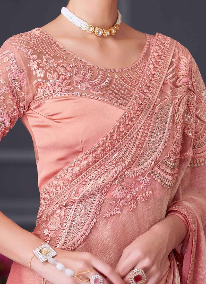 Vistavelle Signature Embroidered Saree Set – Blush Peach & Soft Grey