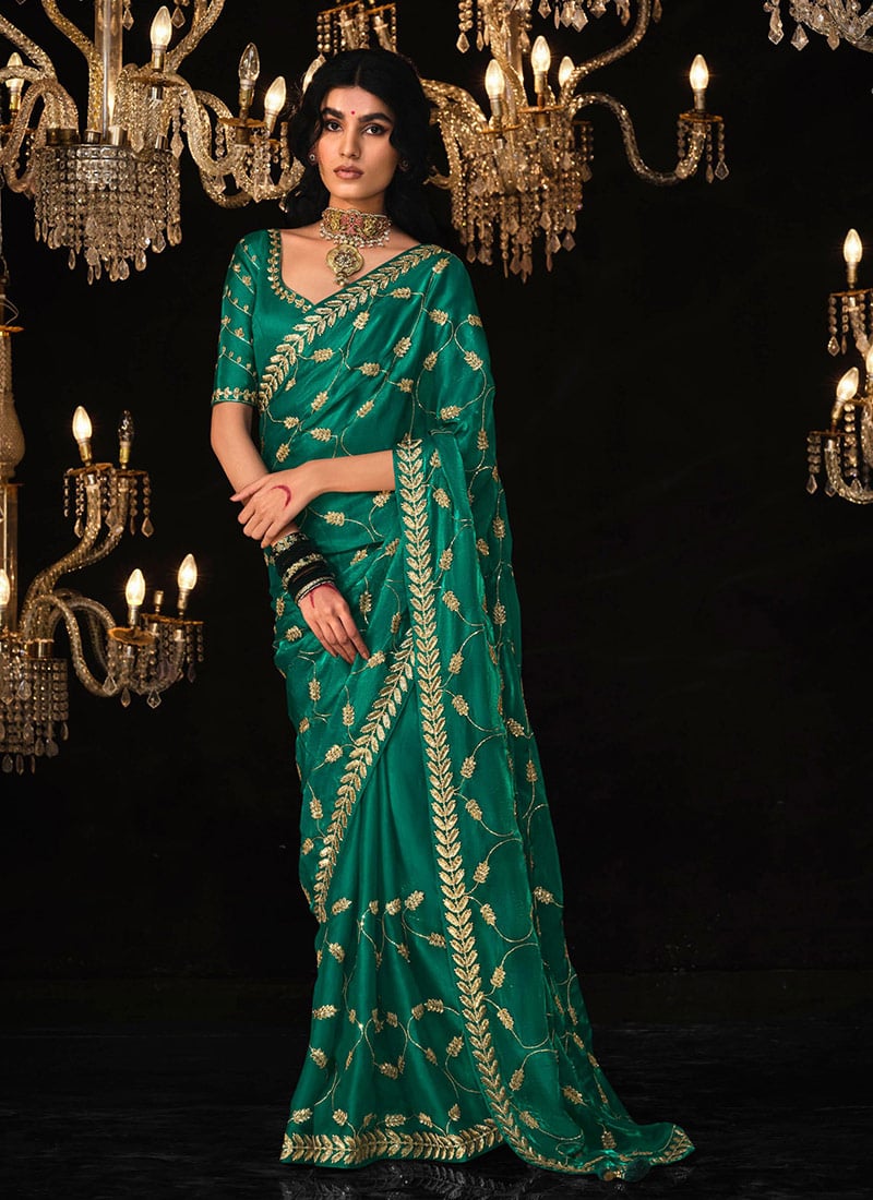 Timeless Elegance Teal Green Tissue Silk Zari Embroidered Sequins Saree