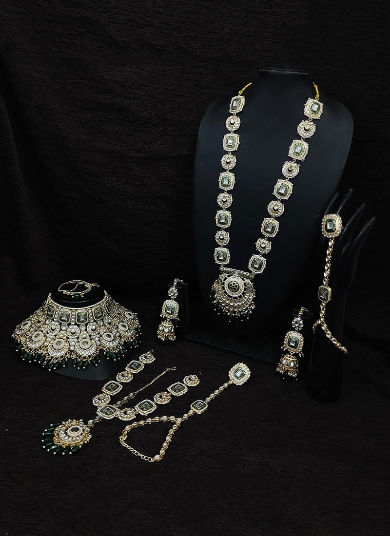 Timeless Grace Green Gold Plated Kundan Beads Bridal Set Wedding Wear