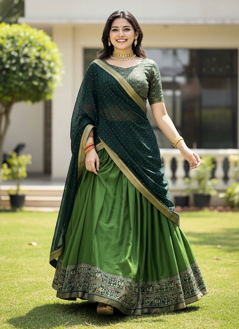 Timeless Green Malmal Cotton Patola Print Umbrella Lehenga Festive Wear