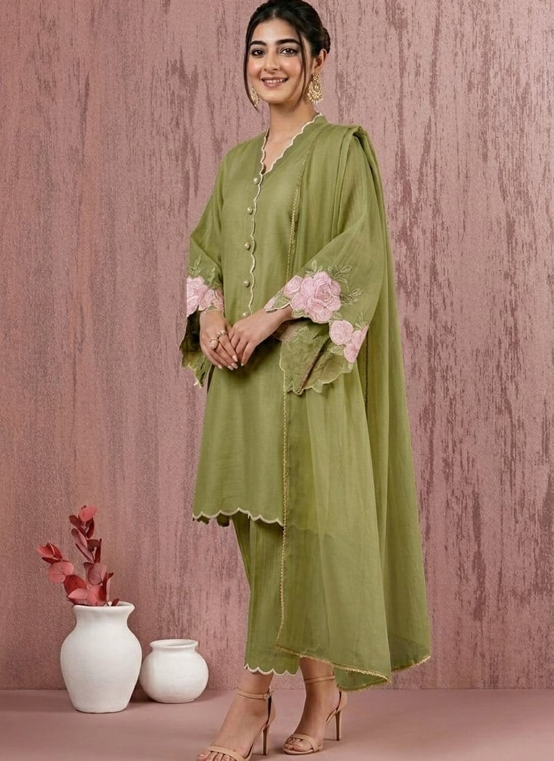 Timeless Green Satin Blend Embroidered Resham Straight Pant Suit After Six Wear