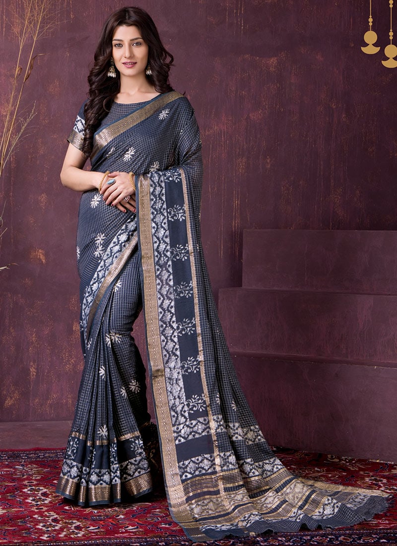 Timeless Grey Chanderi Silk Batik Print Saree After Six Wear