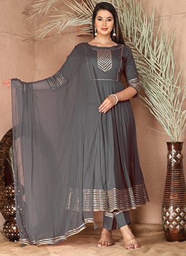 Timeless Grey Rayon Anarkali Suit With Gota Work And Dupatta