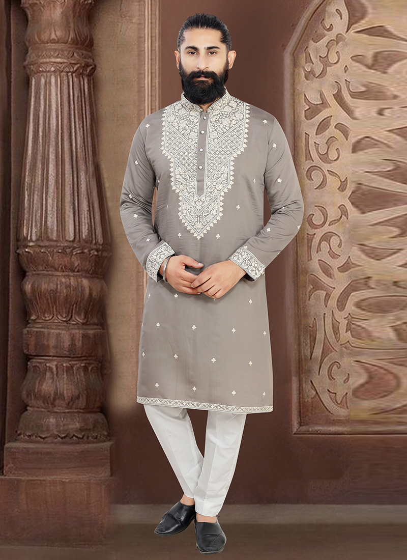 Timeless Grey Rayon Embroidered Sequins Thread Kurta Pyjama Festive Wear