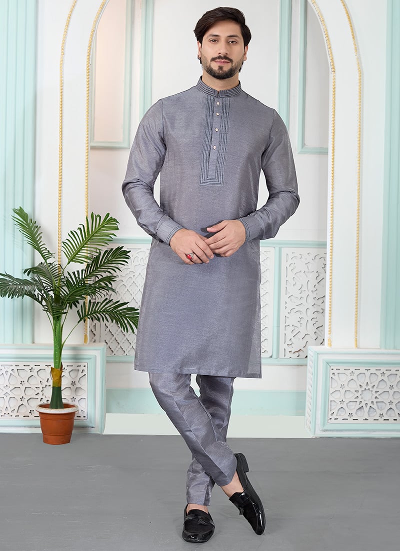 Timeless Grey Silk Kurta Pyjama Festive Wear