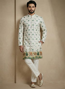 Timeless Light Green Cotton Schiffli Work And Digital Print Kurta Pyjama For Men