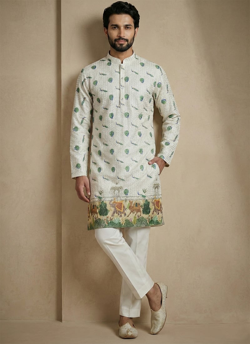 Timeless Light Green Cotton Schiffli Work And Digital Print Kurta Pyjama For Men Festive Wear
