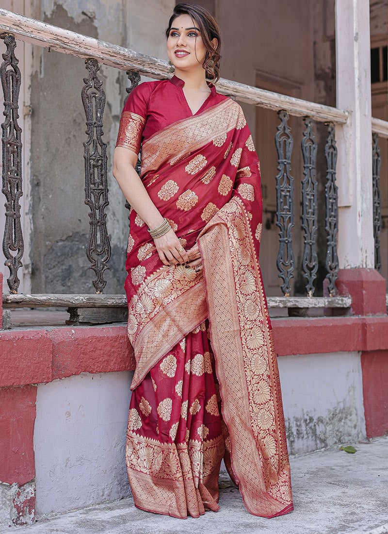 Timeless Maroon Chanderi Silk Zari Woven Saree