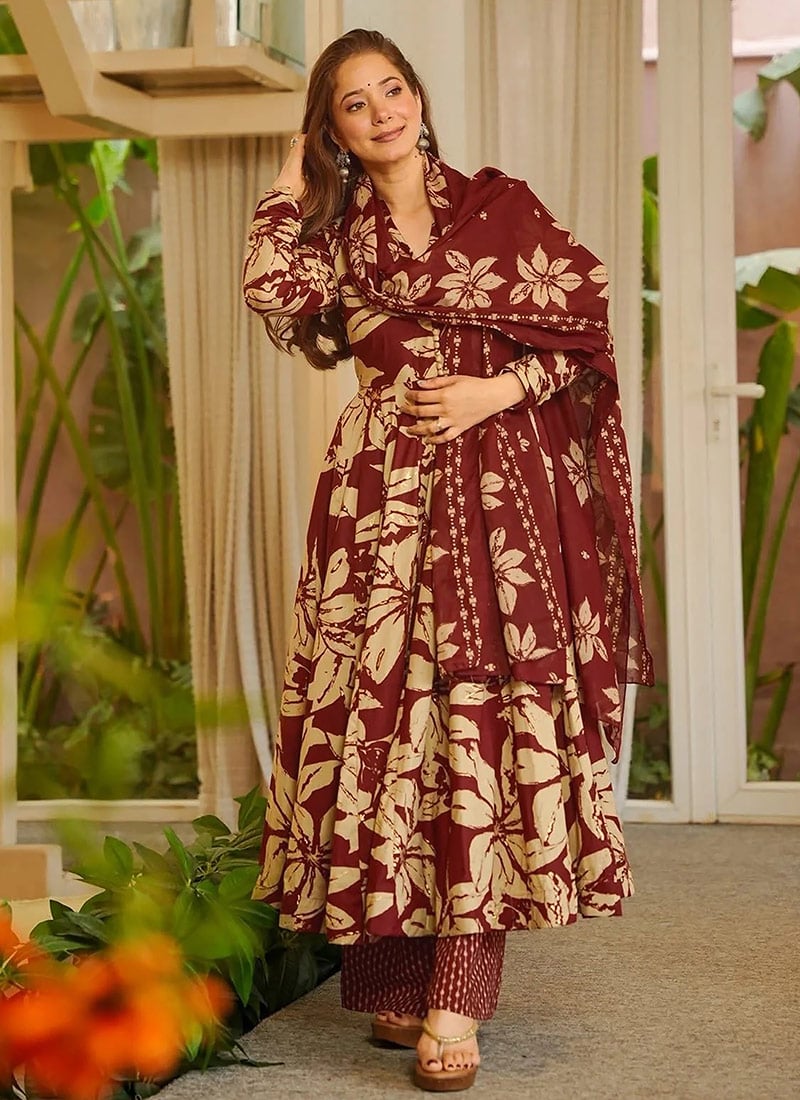 Timeless Maroon Muslin Digital Print Anarkali Suit After Six Wear