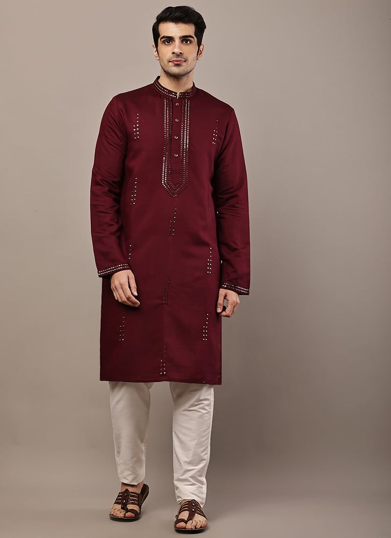 Timeless Maroon Viscose Silk Embroidered Sequins Kurta Pyjama Festive Wear