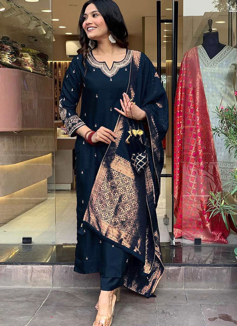 Timeless Navy Blue Cotton Embroidered Straight Pant Suit Festive Wear