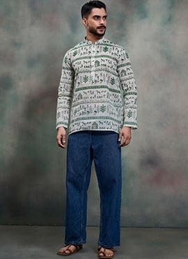 Timeless Off White Khadi Cotton Moubani Print Kurta