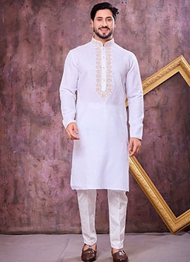 Timeless Off White Linen Cotton Embroidered Kurta Pyjama