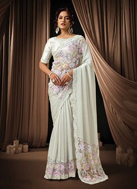 Timeless Off White Satin Silk Sequins Beads Hand Embroidered Stones Saree