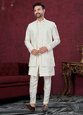Timeless Off White Silk Embroidered Elegant Indowestern Sherwani