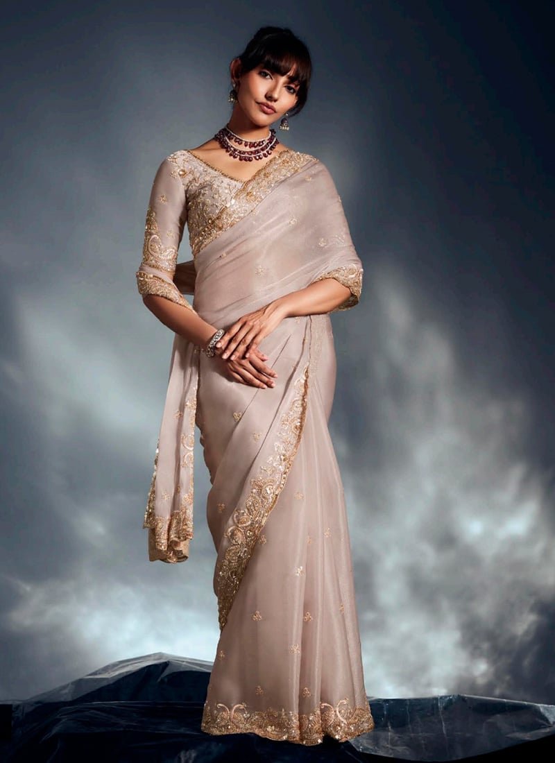 Timeless Off White Tissue Moti Sequins Saree Wedding Wear