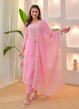 Timeless Pink Chanderi Chikankari Straight Pant Suit