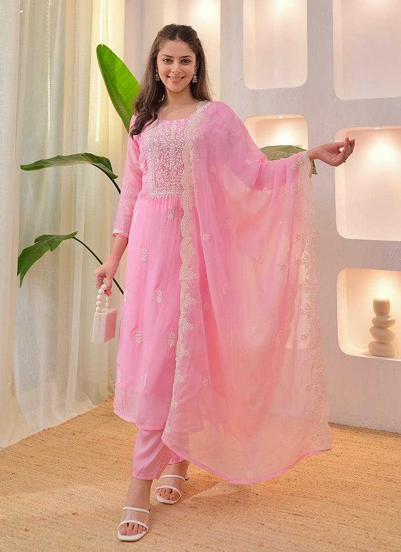 Timeless Pink Chanderi Chikankari Straight Pant Suit After Six Wear