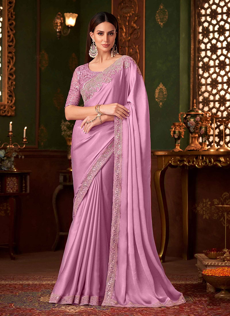 Timeless Pink Chiffon Silk Zari Embroidered Sequins Saree Wedding Wear