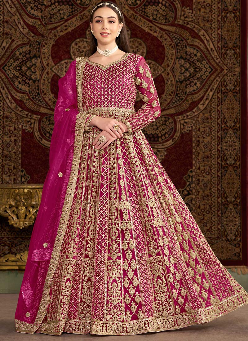 Timeless Pink Net A line Anarkali Suit With Gota And Sequins Embroidery Wedding Wear
