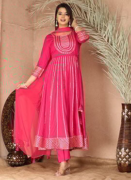 Timeless Pink Rayon Anarkali Suit With Gota Detailing And Dupatta