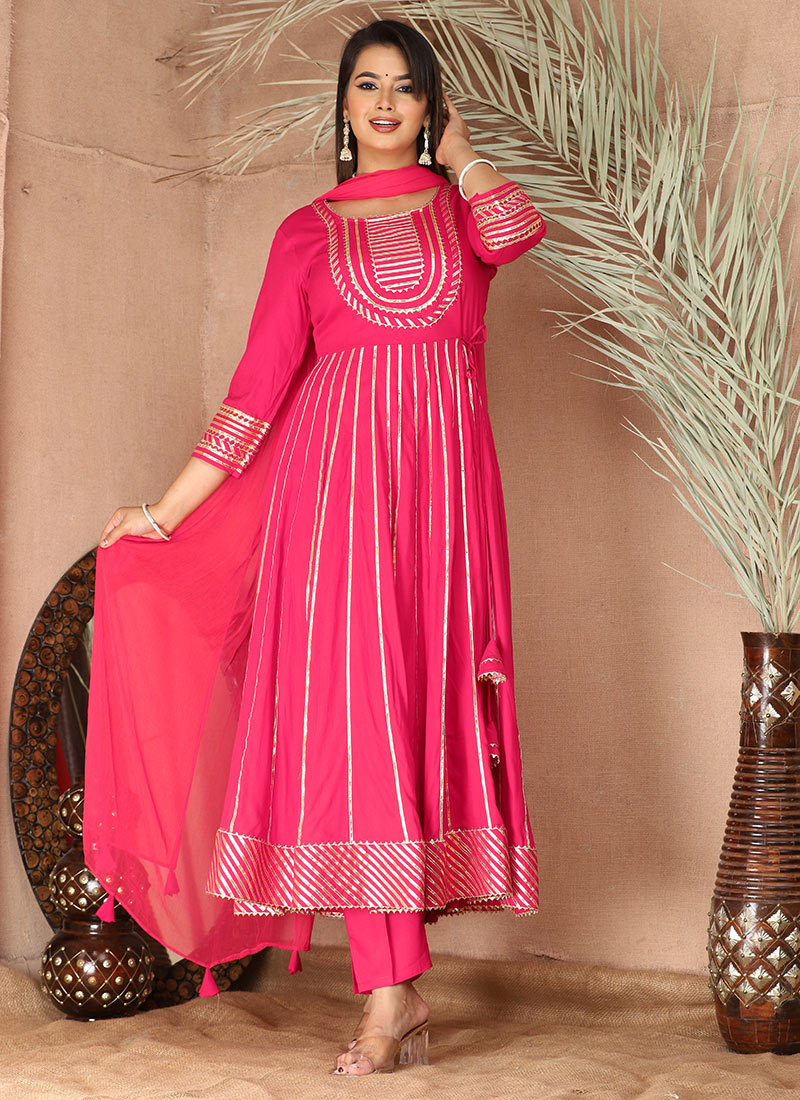 Timeless Pink Rayon Anarkali Suit With Gota Detailing And Dupatta Festive Wear
