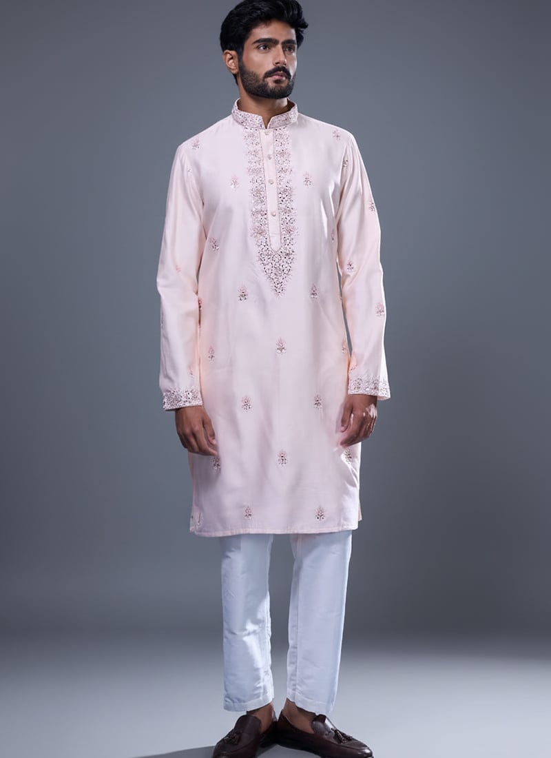 Timeless Pink Silk Embroidered With Mirror Work Kurta Pyjama Festive Wear
