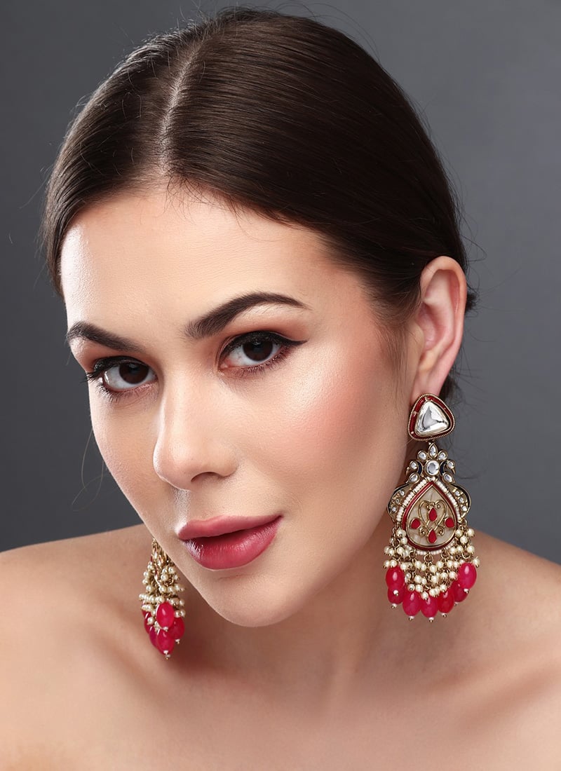 Timeless Red Kundan Pearl Meenakari Dangler After Six Wear