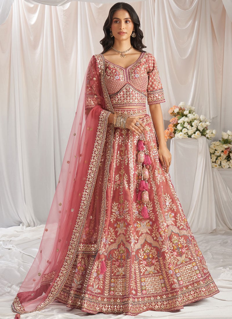 Timeless Rose Gold Tissue With Moti And Gota Embroidered Sequins Lehenga Wedding Wear