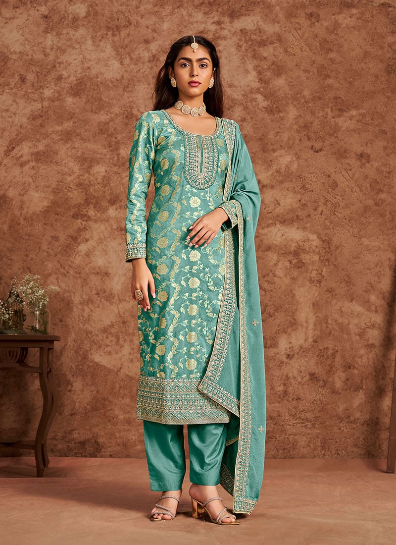 Timeless Sea Green Zari And Sequin Jacquard Silk straight Pant Suit Festive Wear