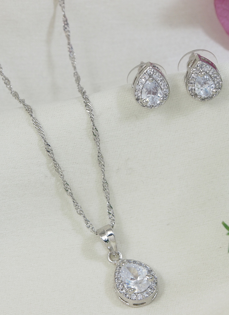 Timeless Silver American Diamond Stone Pendant Set Festive Wear