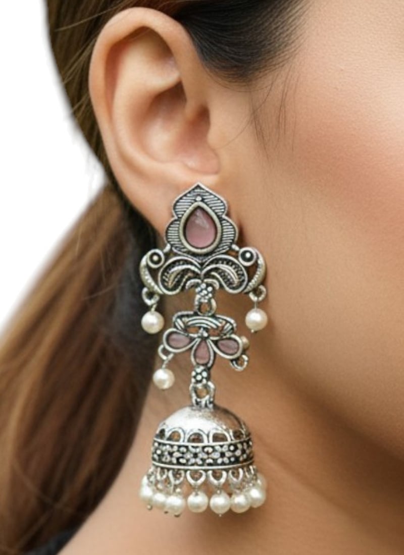 Timeless Silver Plated Kundan Moti Oxidised Jhumka Festive Wear
