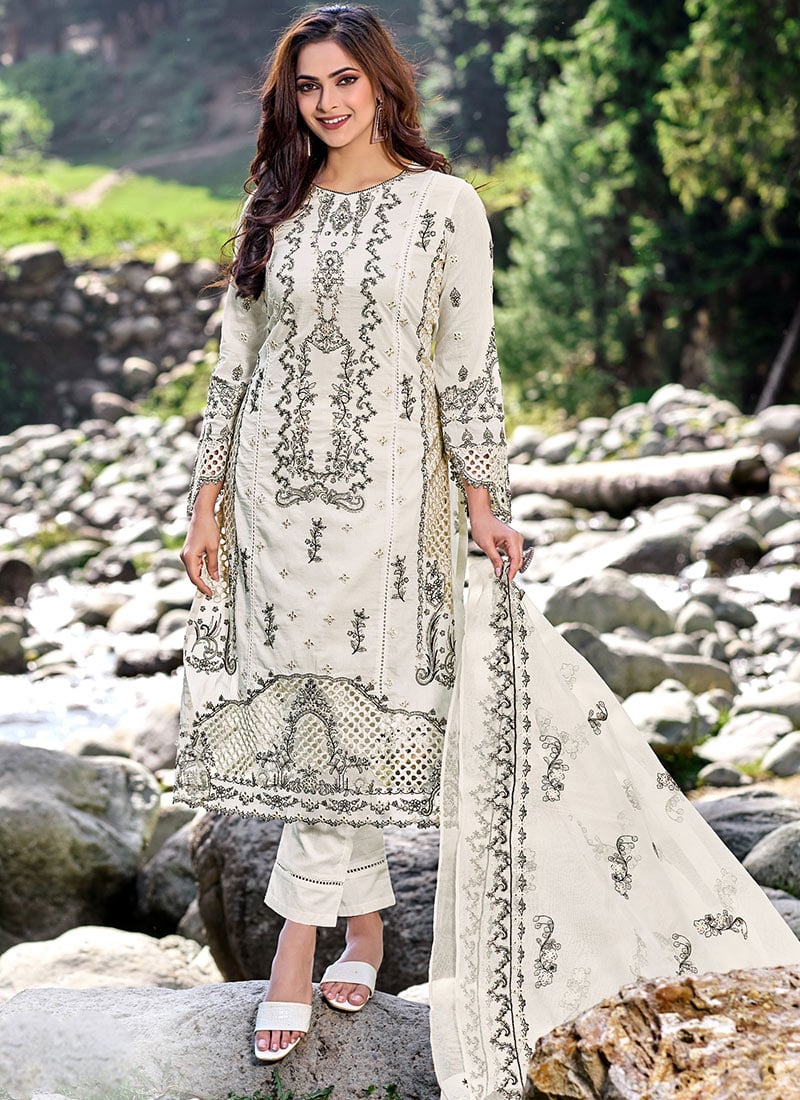 Timeless Style In White Cotton Embroidered Straight Pant Suit